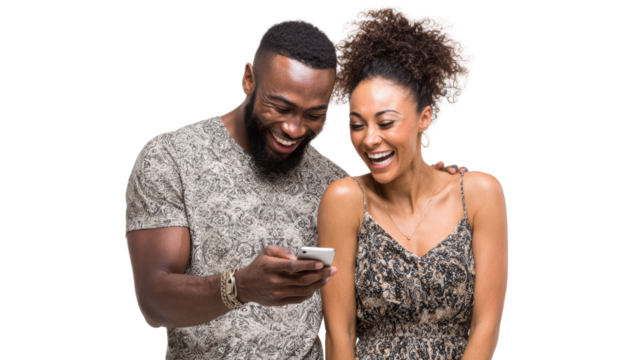 Happy couple enjoying a fun moment together while looking at a smartphone, isolated on a white background.
