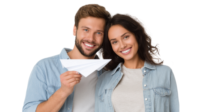 Happy couple enjoying playful moments with a paper airplane, white isolate background. - Powered by Adobe