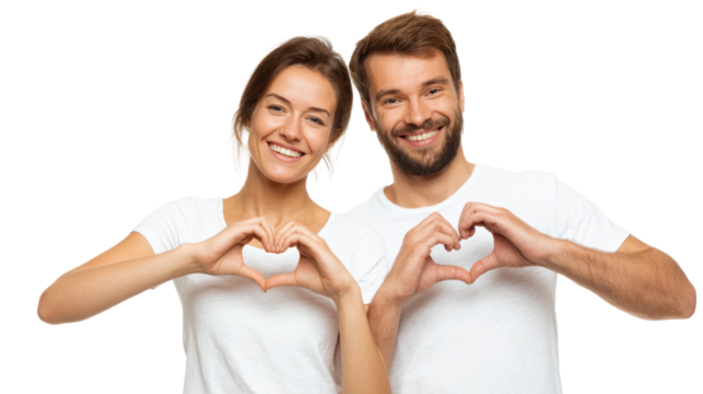 Happy couple forming heart shapes with their hands, showcasing love and connection.