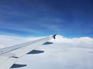 Airplane Wing High Above the Clouds, Blue Sky and White Clouds from an Aircraft, Flying Above the Clouds,A scenic view from an airplane window, capturing the wing of the aircraft 