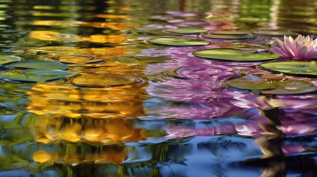 Vibrant water lily reflections in a calm pond - Powered by Adobe