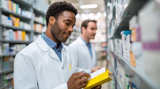 vertical shot of a male pharmacist reading the label on a medicine boxes at a pharmacy with a colleague in the background no logos no brands ar 169 - Powered by Adobe