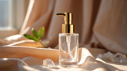 Naklejka premium Clear glass dispenser with gold pump and soft fabric image