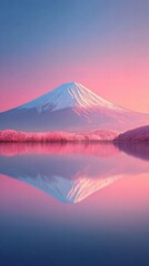 Fototapeta premium Mount Fuji at sunrise is reflected in the peaceful waters of a serene lake.