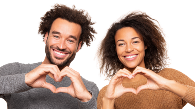 Happy couple making heart shape with hands, smiling in a joyful moment, white isolate background.