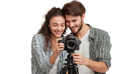 Happy couple reviewing photos on a digital camera, capturing joyful moments together.