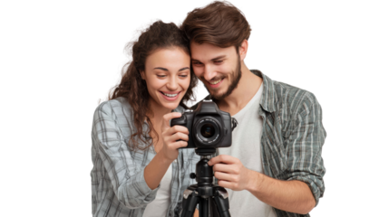 Happy couple reviewing photos on a digital camera, capturing joyful moments together.