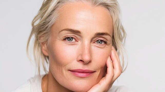 beautiful 50s middle aged mature woman looking at camera isolated on white mature old lady close up portrait anti age healthy face skin care beauty older skincare cosmetics and cosmetology concept no