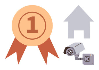 Award ribbon, surveillance camera, and house silhouette emphasize safety, excellence, and security. Ideal for home safety, competition, privileges, protection monitoring real estate