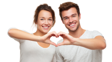Happy couple showing love with heart hand gesture on isolated background.
