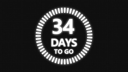 34 days to go, 34 days count animation, motion graphics running numbers counting days, 34 days in a month, 34 days left, 4K HD video with Grid and Black background alpha channel.4k 