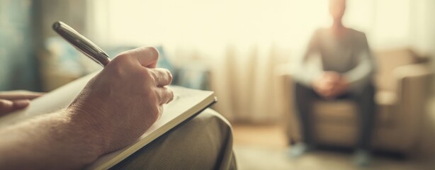 The therapist taking notes during a confidential counseling session in warm office lighting