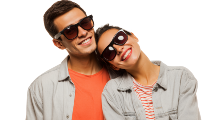 Happy couple wearing sunglasses, smiling together on a bright day, white isolate background.