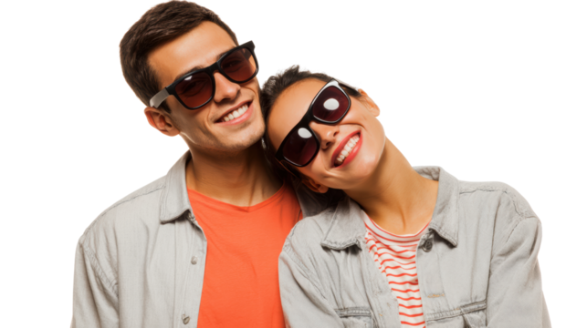 Happy couple wearing sunglasses, smiling together on a bright day, white isolate background.
