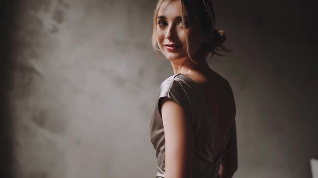 Elegant woman in backless dress showcases beauty and grace, with soft hairstyle in neutral tones, enhancing serene atmosphere and charm