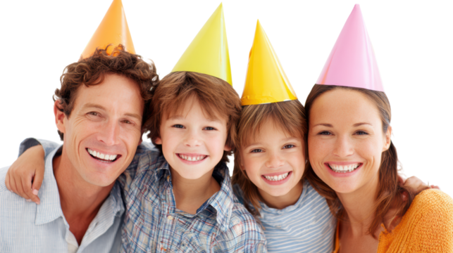 Happy family celebrating together with party hats and smiles, isolated on white background.