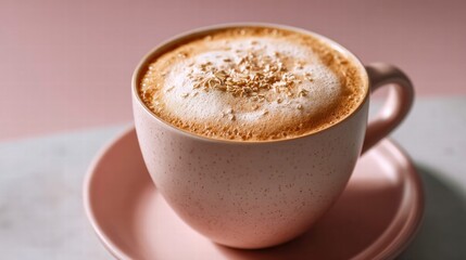A beautifully presented cappuccino, topped with oats, in a stylish pink cup and saucer.