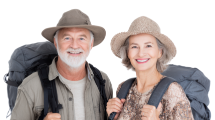 Happy senior couple with backpacks ready for adventure, smiling on isolated background.