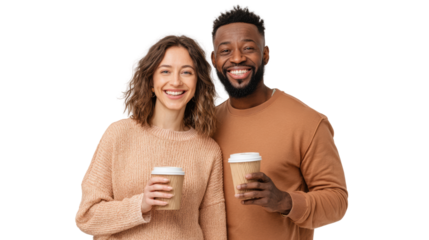 Happy young couple enjoying coffee together, smiling on a light background.