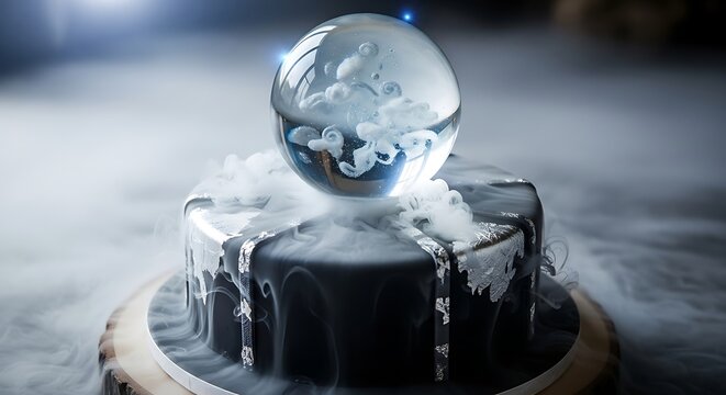 Mystical crystal ball resting on a dark cake with swirling fog for a magical celebration