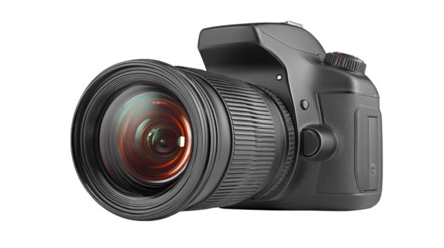 High-quality digital camera with lens, isolated on white background.