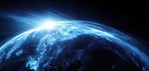 The Earth Illuminated by Blue Digital Network Lines and Rising Sun Over Horizon