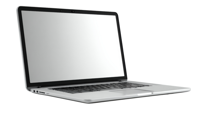 Modern silver laptop with blank screen, isolated on a white background.