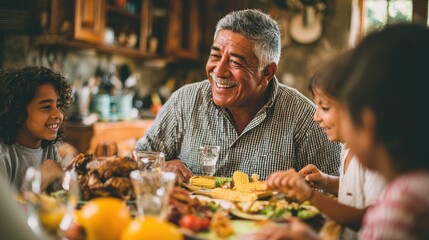 happy latin family having fun eating together at home focus on grandfather face no logos no brands ar 169