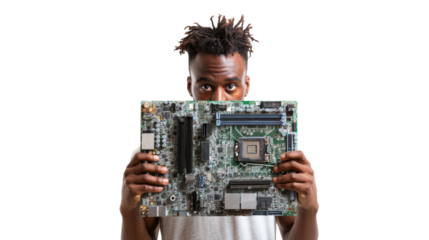 Person holding a computer motherboard, isolated on a white background.