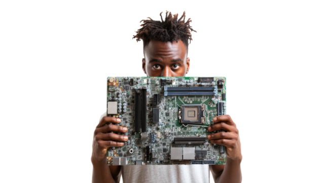 Person holding a computer motherboard, isolated on a white background.