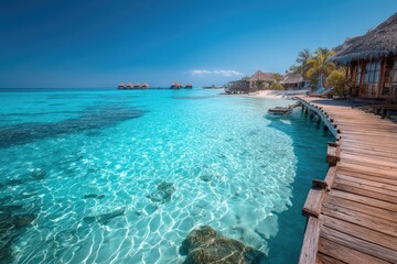 Tropical beach resort, turquoise water, wooden walkway