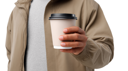 Person in beige jacket holding a disposable coffee cup, casual urban setting, white isolate background.