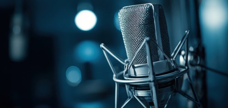 The microphone in a professional recording studio with dramatic blue bokeh lighting