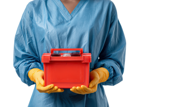 Person in medical attire holding a red toolbox on a white isolated background.