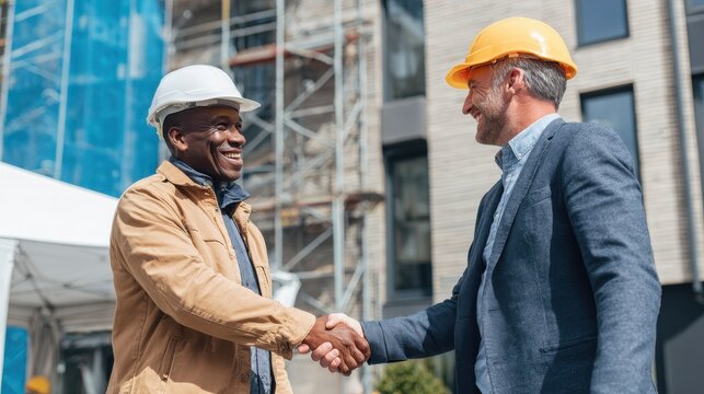 smiling engineer shaking hands at construction site with happy architect handshake between african construction manager with businessman at bulding site team of workers conclude an agreement no logos