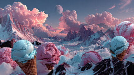 Seamless repeating cartoon background. Vector unending background with ice cream, pink mountains and clouds.