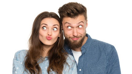 Playful couple making funny faces, white isolate background.