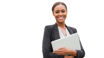 Professional businesswoman in a suit smiling and holding a laptop on isolated background.
