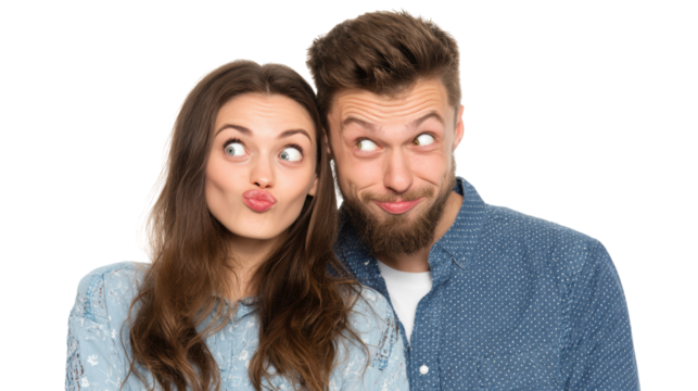 Playful couple making funny faces, white isolate background.