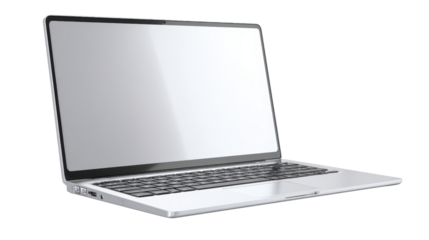 Silver laptop computer with a sleek design, isolated on a white background.