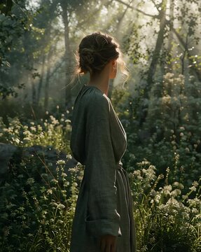 Young adult cisgender woman with light skin and brown hair stands thoughtfully in a sunlit forest with lush greenery and wildflowers, wearing a simple grey dress, capturing a serene natural beauty