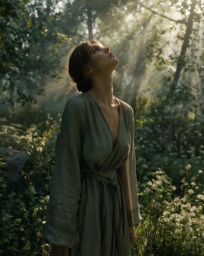 Graceful cisgender woman with light skin and light brown wavy hair enjoys the sunbeams filtering through a lush forest, wearing a long, loose green linen dress