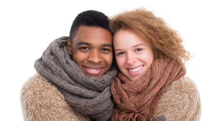 Smiling couple in cozy sweaters and scarves, embracing warmly, isolated on white background.