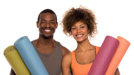 Smiling couple holding yoga mats, ready for a fitness session, isolated on a white background.
