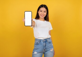 Smiling young Asian woman presents a blank smartphone screen, perfect for app mockups, digital content, or custom messages, highlighting modern technology and user interaction