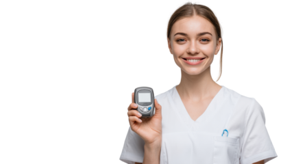 Smiling healthcare professional holding a blood glucose monitor, isolated on white background.