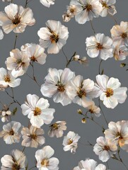 a floral pattern of light colored flowers with darker centers arranged in a way that appears to be hand placed or crafted these floral elements are set against a solid grey background
