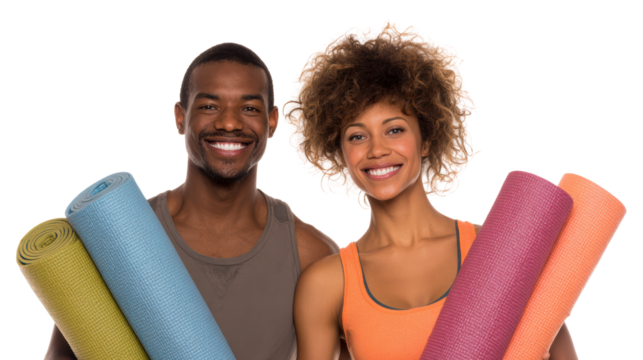 Smiling couple holding yoga mats, ready for a fitness session, isolated on a white background. - Powered by Adobe