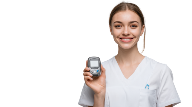 Smiling healthcare professional holding a blood glucose monitor, isolated on white background.
