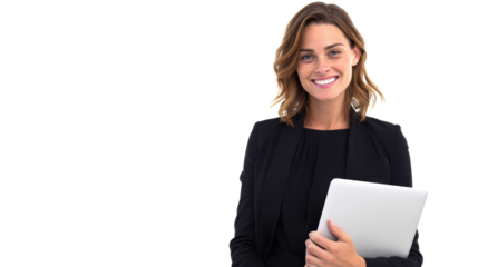 Smiling woman holding a laptop, dressed in a business suit, on a white isolated background.